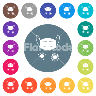 Medical mask and corona viruses flat white icons on round color backgrounds - Medical mask and corona viruses flat white icons on round color backgrounds. 17 background color variations are included.