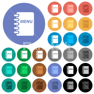 Menu round flat multi colored icons - Menu multi colored flat icons on round backgrounds. Included white, light and dark icon variations for hover and active status effects, and bonus shades.