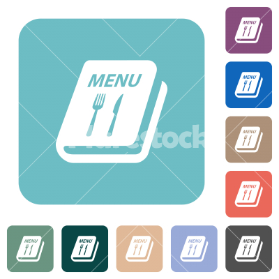 Menu with fork and knife rounded square flat icons - Menu with fork and knife white flat icons on color rounded square backgrounds