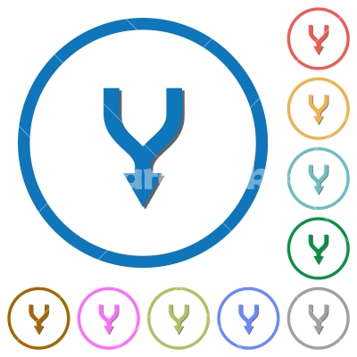 Merge arrows down icons with shadows and outlines - Merge arrows down flat color vector icons with shadows in round outlines on white background