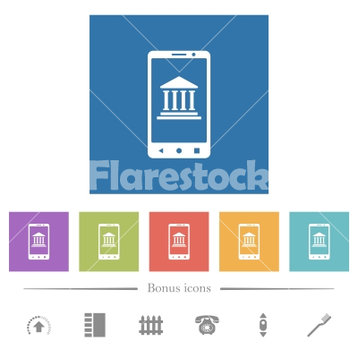 Mobile banking flat white icons in square backgrounds - Mobile banking flat white icons in square backgrounds. 6 bonus icons included.