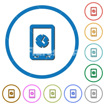 Mobile clock icons with shadows and outlines - Mobile clock flat color vector icons with shadows in round outlines on white background