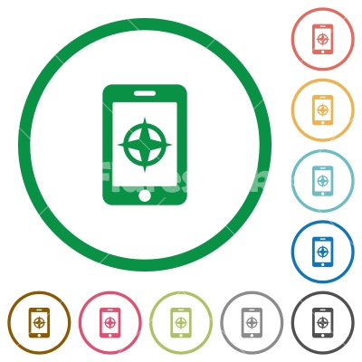 Mobile compass flat icons with outlines - Mobile compass flat color icons in round outlines on white background