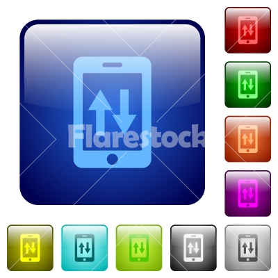 Mobile data traffic color square buttons - Mobile data traffic icons in rounded square color glossy button set