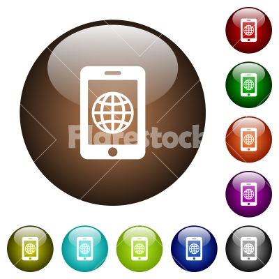 Mobile internet color glass buttons - Mobile internet white icons on round color glass buttons