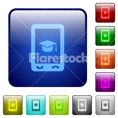 Mobile learning color square buttons - Mobile learning icons in rounded square color glossy button set