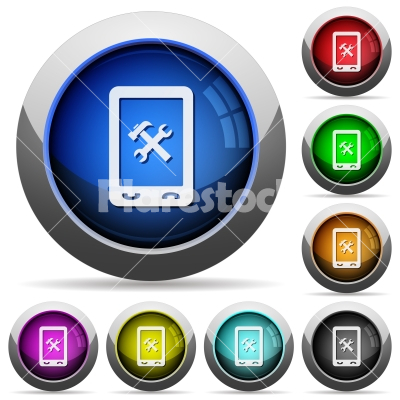 Mobile maintenance round glossy buttons - Mobile maintenance icons in round glossy buttons with steel frames