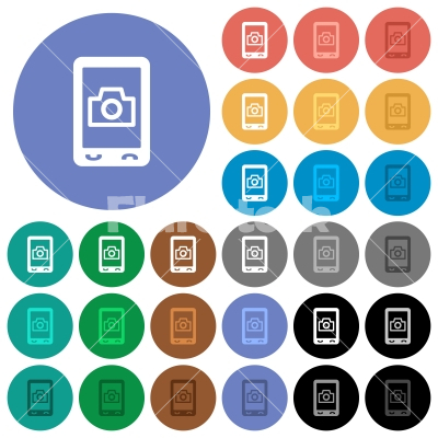 Mobile photography round flat multi colored icons - Mobile photography multi colored flat icons on round backgrounds. Included white, light and dark icon variations for hover and active status effects, and bonus shades on black backgounds.