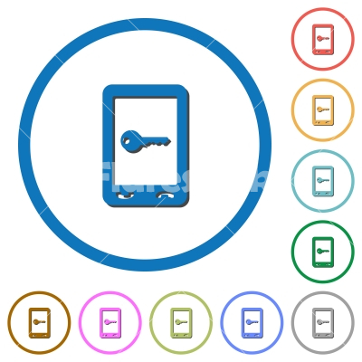 Mobile secure icons with shadows and outlines - Mobile secure flat color vector icons with shadows in round outlines on white background