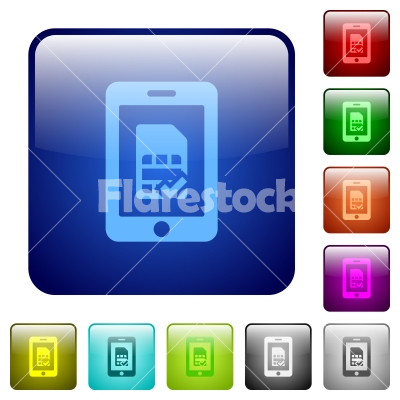 Mobile simcard verified color square buttons - Mobile simcard verified icons in rounded square color glossy button set