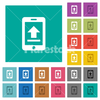 Mobile upload square flat multi colored icons - Mobile upload multi colored flat icons on plain square backgrounds. Included white and darker icon variations for hover or active effects.