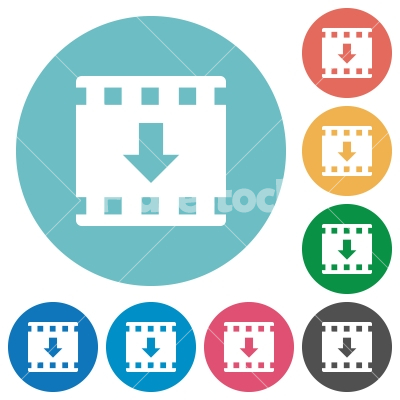 Move down movie flat round icons - Move down movie flat white icons on round color backgrounds