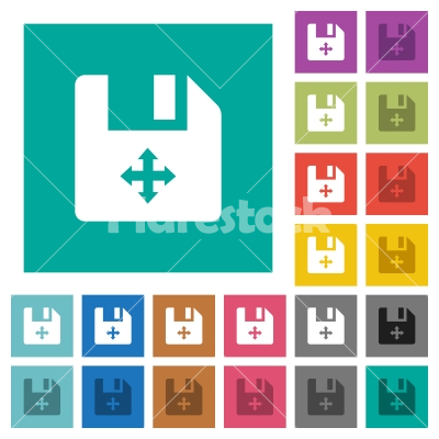 Move file square flat multi colored icons - Move file multi colored flat icons on plain square backgrounds. Included white and darker icon variations for hover or active effects.
