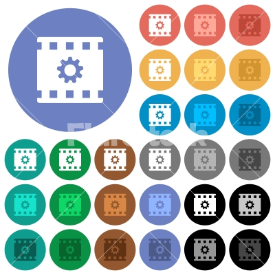 Movie settings round flat multi colored icons - Movie settings multi colored flat icons on round backgrounds. Included white, light and dark icon variations for hover and active status effects, and bonus shades on black backgounds.