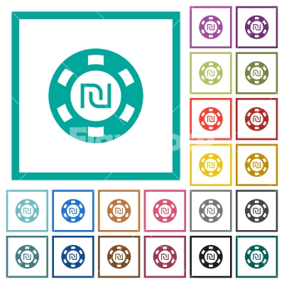 New Shekel casino chip flat color icons with quadrant frames - New Shekel casino chip flat color icons with quadrant frames on white background