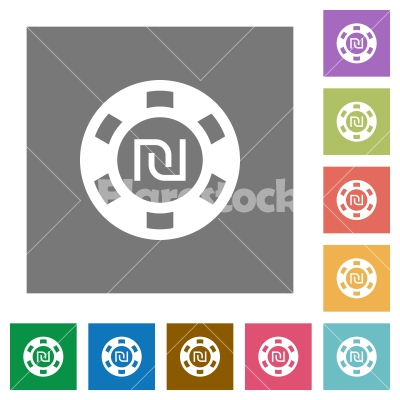 New Shekel casino chip square flat icons - New Shekel casino chip flat icon set on color square background.
