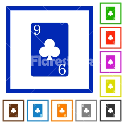 Nine of clubs card flat framed icons - Nine of clubs card flat color icons in square frames on white background