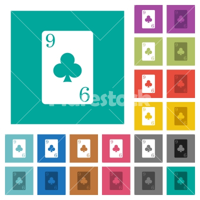 Nine of clubs card square flat multi colored icons - Nine of clubs card multi colored flat icons on plain square backgrounds. Included white and darker icon variations for hover or active effects.