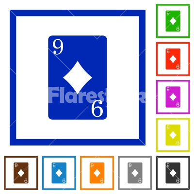 Nine of diamonds card flat framed icons - Nine of diamonds card flat color icons in square frames on white background