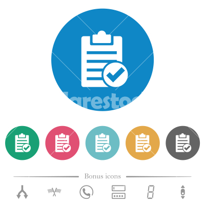 Note done flat round icons - Note done flat white icons on round color backgrounds. 6 bonus icons included.