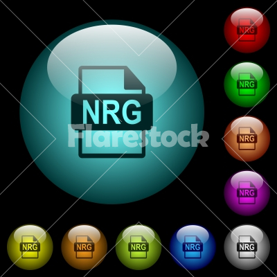 NRG file format icons in color illuminated glass buttons - NRG file format icons in color illuminated spherical glass buttons on black background. Can be used to black or dark templates
