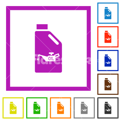 Oil canister with oiler flat framed icons - Oil canister with oiler flat color icons in square frames on white background
