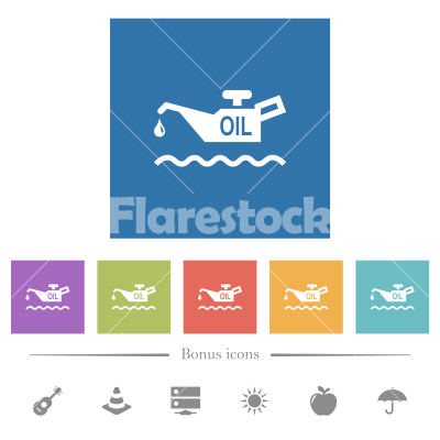 Oil level minimum indicator flat white icons in square backgrounds - Oil level minimum indicator flat white icons in square backgrounds. 6 bonus icons included.
