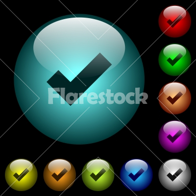 Ok icons in color illuminated glass buttons - Ok icons in color illuminated spherical glass buttons on black background. Can be used to black or dark templates
