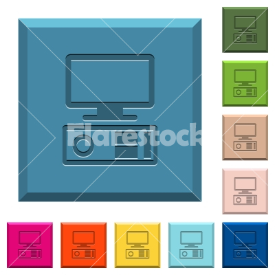 Old personal computer engraved icons on edged square buttons - Old personal computer engraved icons on edged square buttons in various trendy colors
