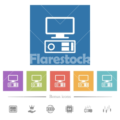 Old personal computer flat white icons in square backgrounds - Old personal computer flat white icons in square backgrounds. 6 bonus icons included.