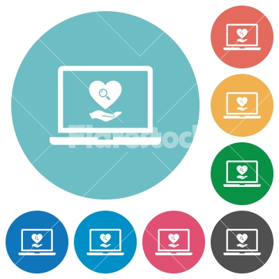 Online Dating on laptop flat round icons - Online Dating on laptop flat white icons on round color backgrounds