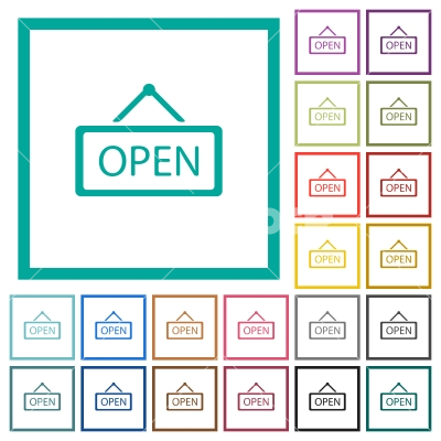 Open sign flat color icons with quadrant frames - Open sign flat color icons with quadrant frames on white background