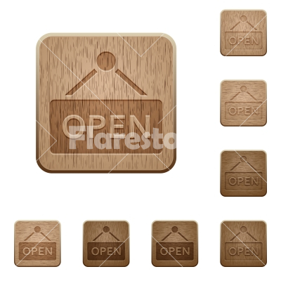 Open sign wooden buttons - Set of carved wooden open sign buttons. 8 variations included. Arranged layer structure.