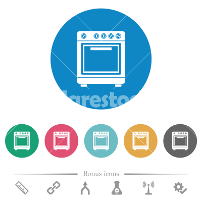 Oven flat round icons - Oven flat white icons on round color backgrounds. 6 bonus icons included.
