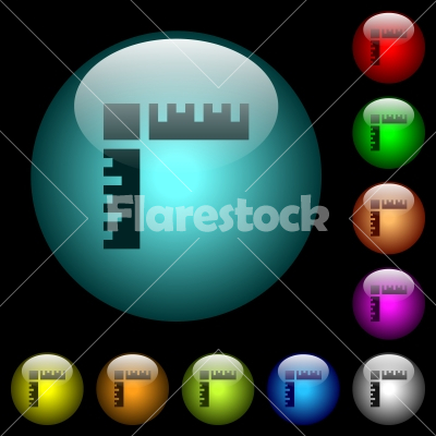 Page rulers icons in color illuminated glass buttons - Page rulers icons in color illuminated spherical glass buttons on black background. Can be used to black or dark templates