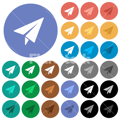 Paper plane solid round flat multi colored icons - Paper plane solid multi colored flat icons on round backgrounds. Included white, light and dark icon variations for hover and active status effects, and bonus shades.