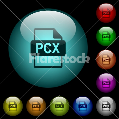 PCX file format icons in color illuminated glass buttons - PCX file format icons in color illuminated spherical glass buttons on black background. Can be used to black or dark templates