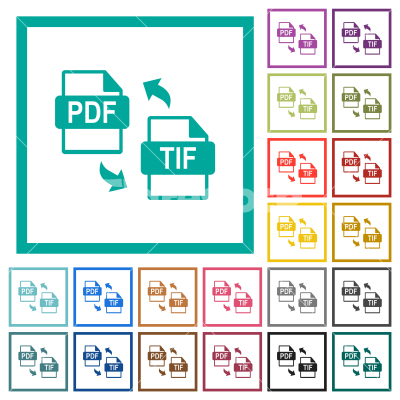 PDF TIF file conversion flat color icons with quadrant frames - PDF TIF file conversion flat color icons with quadrant frames on white background