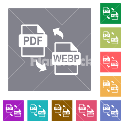 PDF WEBP file conversion square flat icons - PDF WEBP file conversion flat icons on simple color square backgrounds