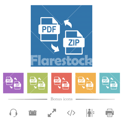 PDF ZIP file compression flat white icons in square backgrounds - PDF ZIP file compression flat white icons in square backgrounds. 6 bonus icons included.