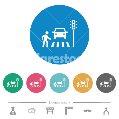 Pedestrian crossing flat round icons - Pedestrian crossing flat white icons on round color backgrounds. 6 bonus icons included.