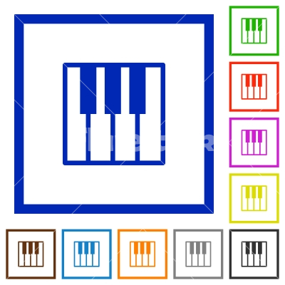 Piano keyboard framed flat icons - Set of color square framed piano keyboard flat icons