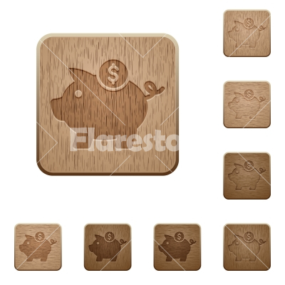 Piggy bank wooden buttons - Set of carved wooden piggy bank buttons. 8 variations included. Arranged layer structure.
