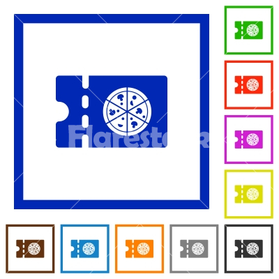 Pizzeria discount coupon flat framed icons - Pizzeria discount coupon flat color icons in square frames on white background