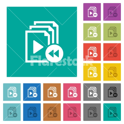 Playlist fast backward square flat multi colored icons - Playlist fast backward multi colored flat icons on plain square backgrounds. Included white and darker icon variations for hover or active effects.