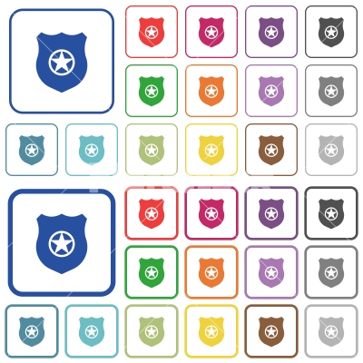 Police badge outlined flat color icons - Police badge color flat icons in rounded square frames. Thin and thick versions included.