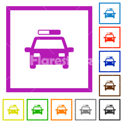 Police car flat framed icons - Police car flat color icons in square frames on white background