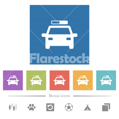 Police car flat white icons in square backgrounds - Police car flat white icons in square backgrounds. 6 bonus icons included.