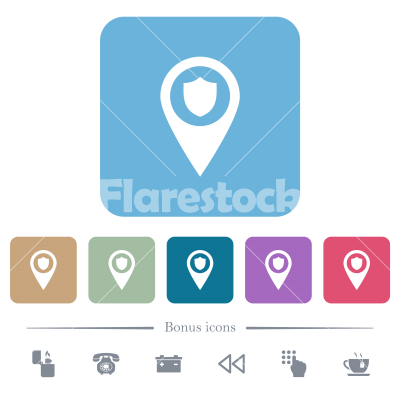 Police station GPS map location flat icons on color rounded square backgrounds - Police station GPS map location white flat icons on color rounded square backgrounds. 6 bonus icons included