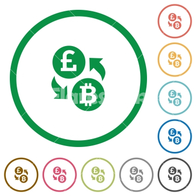 Pound Bitcoin money exchange flat icons with outlines - Pound Bitcoin money exchange flat color icons in round outlines on white background